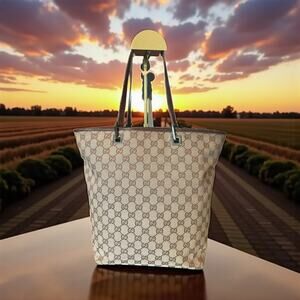 Auth Gucci GG Beige Canvas Leather 31243 Tote Bag